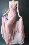 Niulatu Spaghetti Strap Sheath Long Prom Dresses Chiffon Dusty Pink Evening Dresses HZ1026