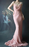 Niulatu Spaghetti Strap Sheath Long Prom Dresses Chiffon Dusty Pink Evening Dresses HZ1026