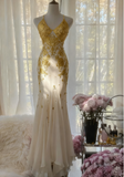 Niulatu Spaghetti Strap Mermaid Long Prom Dresses Chiffon Applique Gold Formal Dresses HZ1026