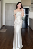 Niulatu Off-the-shoulder Sheath Wedding Guest Dresses Satin Ivory Evening Dresses HZ1026