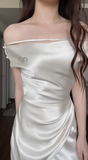 Niulatu Off-the-shoulder Sheath Wedding Guest Dresses Satin Ivory Evening Dresses HZ1026
