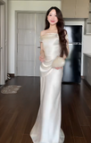 Niulatu Off-the-shoulder Sheath Wedding Guest Dresses Satin Ivory Evening Dresses HZ1026
