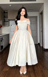 Niulatu Off-the-shoulder A-Line Wedding Guest Dresses Satin Light Champagne Birthday Dresses HZ1026
