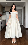 Niulatu Off-the-shoulder A-Line Wedding Guest Dresses Satin Light Champagne Birthday Dresses HZ1026