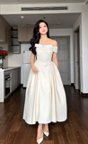 Niulatu Off-the-shoulder A-Line Wedding Guest Dresses Satin Light Champagne Birthday Dresses HZ1026