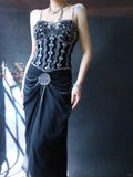 Niulatu Spaghetti Strap Sheath Wedding Guest Dresses Black Birthday Dresses Chiffon Beaded Formal Dresses HZ1026