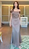 Niulatu Square Neck Sheath Satin Chocolate Bridesmaid Dresses HZ1026
