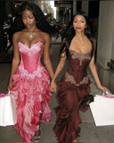 Niulatu Hot Pink Lace Chiffon Ruffles Evening Dress Strapless Prom Dress HZ1007