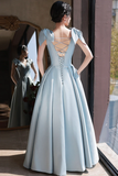 Niulatu Blue Satin Long Prom Dress A-Line Blue Evening Dress HZ1007