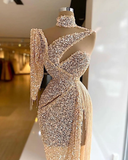 Niulatu Sequin Evening Dress Side Slit Prom Dress One Shoulder Tassels Custom Made HZ1007