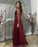Niulatu Burgundy One Shoulder Tulle Sequins Evening Gown Slit Prom Dress HZ1007