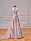 Niulatu Pink Halter Sequins Tulle A Line Prom Dress Evening Dress HZ1007