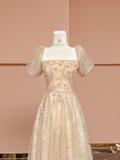 Niulatu A Line Puff Beaded Sequin Champagne Tulle Long Prom Dress Party Dress HZ0113