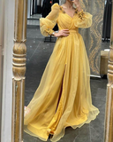 Niulatu Sleeves V Neck Tulle Slit Evening Dress HZ1007