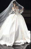 Niulatu Off-the-shoulder Ball Gown White Wedding Dress with Applique Satin Bridal Dress Elegant Long-sleeved Bridal Gown HZ1031