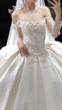 Niulatu Off-the-shoulder Ball Gown White Wedding Dress with Applique Satin Bridal Dress Elegant Long-sleeved Bridal Gown HZ1031