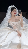 Niulatu Off-the-shoulder Ball Gown White Wedding Dress with Applique Satin Bridal Dress Elegant Long-sleeved Bridal Gown HZ1031
