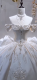 Niulatu Off-the-shoulder Ball Gown White Wedding Dress Satin Beaded Bridal Dress Elegant Bridal Gown HZ1031