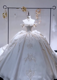 Niulatu Off-the-shoulder Ball Gown White Wedding Dress Satin Beaded Bridal Dress Elegant Bridal Gown HZ1031