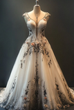 Niulatu V-neck Ball Gown White Wedding Dress Tulle Applique Bridal Dress Elegant Bridal Gown HZ1031
