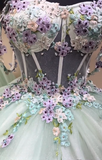 Niulatu Light Green Ball Gown Spaghetti Straps Quinceanera Dress Tulle Applique Sweet 16 Dress HZ1031