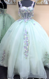 Niulatu Light Green Ball Gown Spaghetti Straps Quinceanera Dress Tulle Applique Sweet 16 Dress HZ1031
