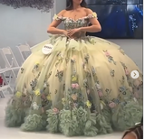 Niulatu Off-the-shoulder Ball Gown Long Prom Dress Green Tulle Applique Quinceanera Dress Sweet 16 Dress HZ1031