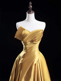 Niulatu Satin Gold Long Prom Dress, Gold Long Formal Dress HZ1026