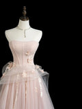 Niulatu Tulle Applique Long Prom Dress, Pink Long Formal Dress HZ1026