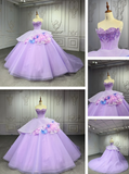 Niulatu Strapless Ball Gown Tulle Long Prom Dresses Beaded Purple Quinceanera Dresses Sweet 16 Dress HZ1026
