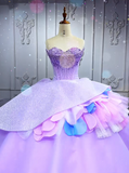Niulatu Strapless Ball Gown Tulle Long Prom Dresses Beaded Purple Quinceanera Dresses Sweet 16 Dress HZ1026