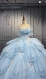 Niulatu Strapless Ball Gown Tiered Tulle Long Prom Dresses Applique Light Blue Quinceanera Dresses Sleeveless Sweet 16 Dress HZ1026