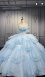 Niulatu Strapless Ball Gown Tiered Tulle Long Prom Dresses Applique Light Blue Quinceanera Dresses Sleeveless Sweet 16 Dress HZ1026
