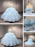 Niulatu Strapless Ball Gown Tiered Tulle Long Prom Dresses Applique Light Blue Quinceanera Dresses Sleeveless Sweet 16 Dress HZ1026