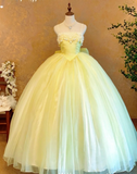 Niulatu Spaghetti Strap Ball Gown Tulle Long Prom Dresses Cute Yellow Quinceanera Dresses Sleeveless Sweet 16 Dress HZ1026