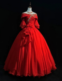 Niulatu Off-the-shoulder Ball Gown Beaded Chiffon Long Prom Dresses Red Quinceanera Dresses Long Sleeve Sweet 16 Dress HZ1026