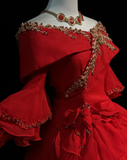 Niulatu Off-the-shoulder Ball Gown Beaded Chiffon Long Prom Dresses Red Quinceanera Dresses Long Sleeve Sweet 16 Dress HZ1026