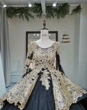 Niulatu Jewel Ball Gown Applique Satin Long Prom Dresses Black Quinceanera Dresses Long Sleeve Sweet 16 Dress HZ1026