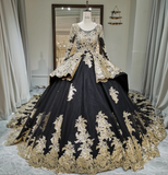 Niulatu Jewel Ball Gown Applique Satin Long Prom Dresses Black Quinceanera Dresses Long Sleeve Sweet 16 Dress HZ1026