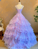 Niulatu Spaghetti Strap Ball Gown Beaded Tulle Long Prom Dresses Lilac Quinceanera Dresses Sleeveless Sweet 16 Dress HZ1026