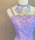 Niulatu Spaghetti Strap Ball Gown Beaded Tulle Long Prom Dresses Lilac Quinceanera Dresses Sleeveless Sweet 16 Dress HZ1026