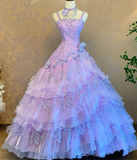 Niulatu Spaghetti Strap Ball Gown Beaded Tulle Long Prom Dresses Lilac Quinceanera Dresses Sleeveless Sweet 16 Dress HZ1026
