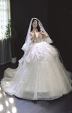 Niulatu White Ball Gown Tulle Wedding Dress Off-the-shoulder Lace Applique Bridal Gown with Veil HZ1031