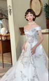 Niulatu Off-the-shoulder Ball Gown with Tulle Appliques Luxury Wedding Dresses, Backless White Bridal Gowns HZ1026