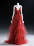 Niulatu V-neck Sheath Tulle Long Prom Dresses, Red Burgundy Evening Dresses HZ1026