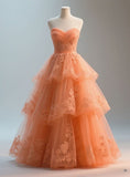 Niulatu Sweetheart Neck Ball Gown Tulle Appliques Long Prom Dresses, Coral Quinceanera Dresses HZ1026