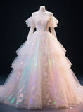 Niulatu Off-the-Shoulder Ball Gown Tulle Appliqu¨¦ Long Prom Dresses, Sweet Quinceanera Dresses HZ1026