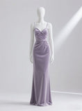 Niulatu Spaghetti Strap Sheath Velvet Long Prom Dresses, Lavender Formal Evening Dresses HZ1026