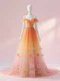 Niulatu Off-the-shoulder A-Line Tulle Long Prom Dresses, Gradient Orange Formal Evening Dresses HZ1026