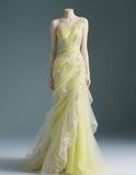 Niulatu One-shoulder Mermaid Tulle Applique Long Prom Dresses, Yellow Sweet 16 Dress HZ1026